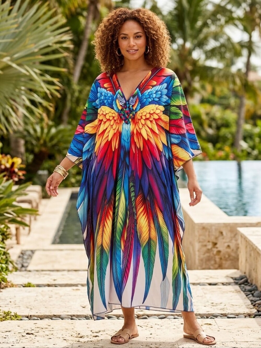 Vibrant Rainbow Parrot Feather Print Kaftan Maxi Dress